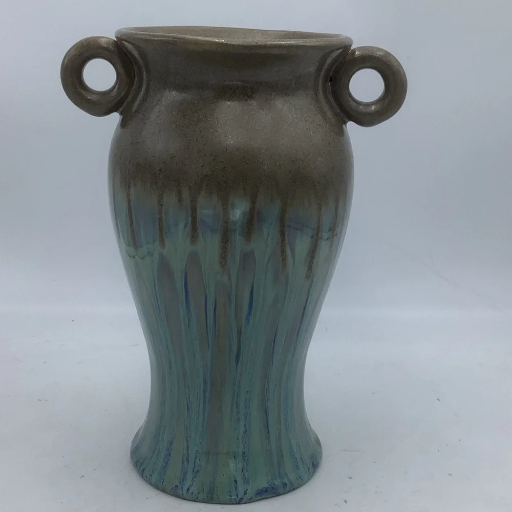 Brown Ceramic Vase with Turquoise Glaze and Round Handles